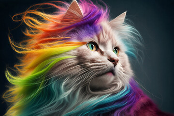 Cool and colorful cat. Rainbow colors. Diversity, tolerance, inclusion concept. Different and unique to be. Fashionable kitty. Generative AI.