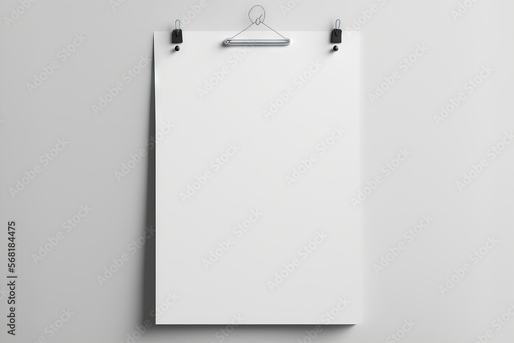Poster on a white background, a single blank vertical rectangular poster is strung up with paper clips. gen