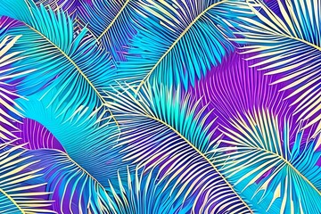 Luxury art background with tropical palm leaves in blue and pink colors with golden elements in line style. Botanical decoration, poster, textile, wallpaper, interior design