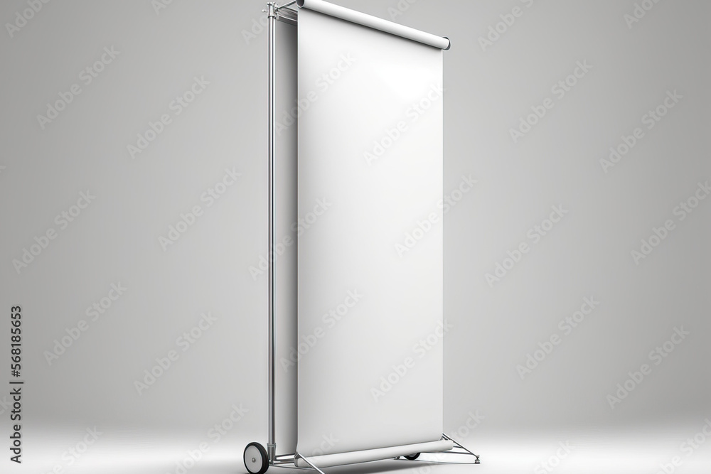 Poster banner in the roll, isolated on a white backdrop. illustration mockup of an empty display for a prod