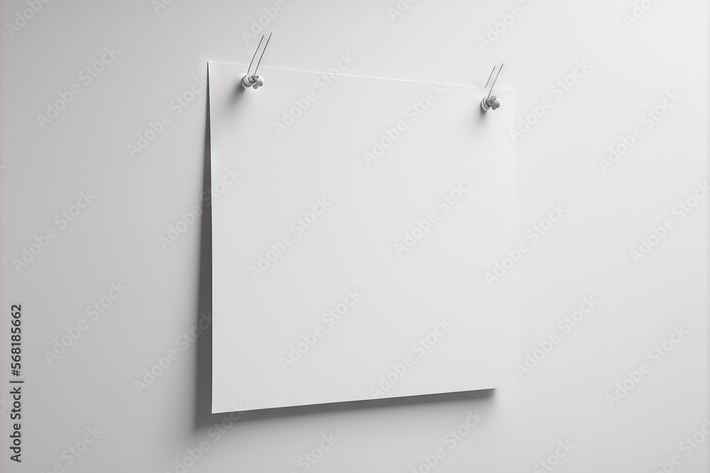 Poster on a white background, a single empty horizontal rectangular poster is strung up using paper clips. 