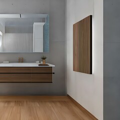 Minimalist bathroom design with a floating vanity and a walk-in shower3, Generative AI