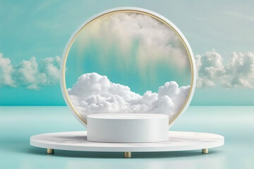 white podium, round LED frame with white realistic cloud for Cosmetic beauty product promotion stand mockup