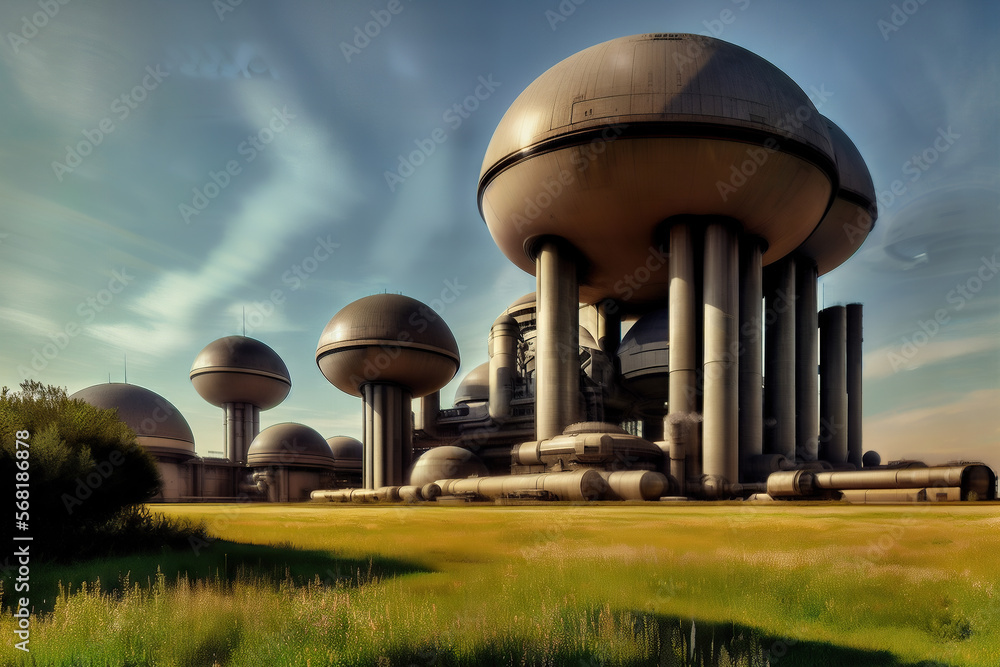 Aufkleber an imposing sci-fi factory with a spherical design and towering metallic structures generative ai ph
