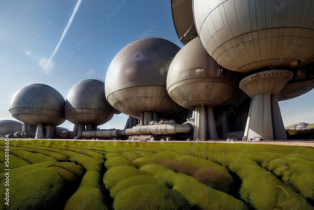 Aufkleber a futuristic sci-fi factory with a towering spherical design generative ai photo