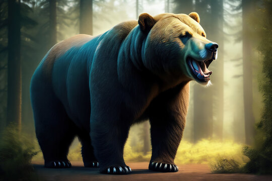 Ferocious Grizzly Lets Out a Shattering Bellow in a Foggy Woodland Generative AI Art Illustration