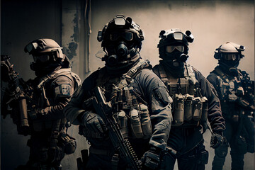 Fototapeta premium Special forces military unit in full tactical gear. war mask. Generative AI