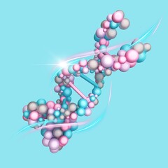 3d illustration DNA made from bubbles in pink and blue tones. Woman anti aging concept. Advertising rejuvenation, cosmetology, biological additives, stem cell storage and the birth of a new life