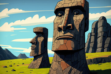Large Moai at Ahu Tongariki on Easter Island, Chile, in close up. Generative AI