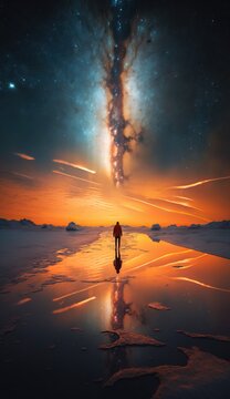  A Person Standing On A Beach Under A Star Filled Sky With A Reflection In The Water And A Star In The Sky Above Them,.  Generative Ai