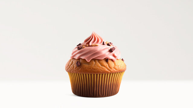 Cupcake with pink frosting and chocolate on top isolated in a clean white background stock image.