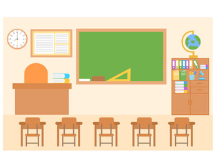 School classroom interior with chalkboard, teachers desk, table and chair.Empty class for education.Back to school.Elementary.Teachers' Day.Room for studying.Flat design.Cartoon vector illustration.