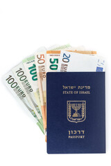 International passport of Israel,euro cash . Concept travel on with cash. Israeli passport with euro banknotes isolated on white background