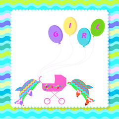 christening, invitation congratulating on the birth of a girl, card, newborn baby, children's day, pink stroller, colorful balloons