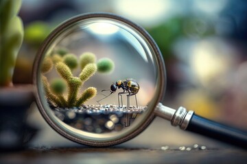  a magnifying glass with a picture of a bee on a plant in the middle of the image and a cactus in the background.  generative ai
