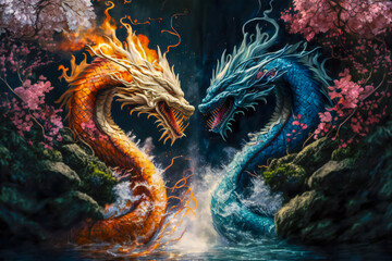 Art in the style of Japanese mythology. The battle of two dragons