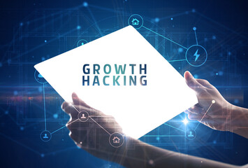 Holding futuristic tablet, security concept