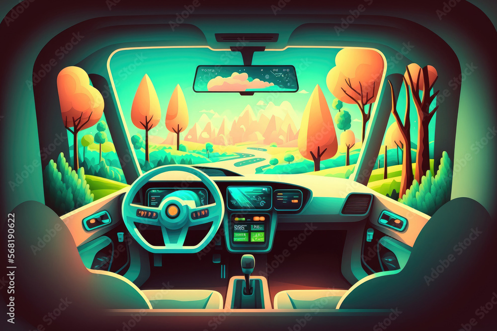 Poster ai (artificial intelligence) concept for an electric car in virtual reality. autonomous vehicle with
