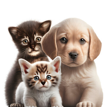 dog, cat, cute, puppy, kitten, together, friendship, baby, white background, sitting together, posing, children, love, animals, postcard, congratulations, photo