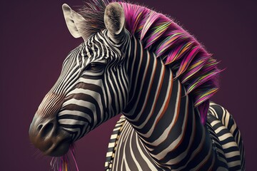  a close up of a zebra's head with multicolored feathers on it's head and neck, against a purple background.  generative ai