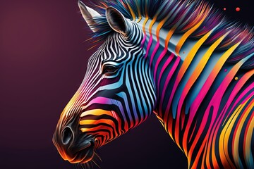 Fototapety   a colorful zebra with a black background and a red spot in the middle of the picture is a black background with a red spot in the middle of the zebra's head.  generative ai