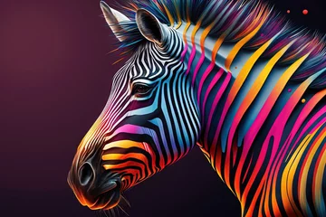 Foto op Aluminium  a colorful zebra with a black background and a red spot in the middle of the picture is a black background with a red spot in the middle of the zebra's head.  generative ai © Anna