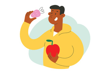 Young man buying fresh fruits, smiling male character holding an apple fruit and strawberry, choosing healthy food concept, flat vector illustration isolated on white background