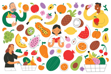 Various fruit collection, people eat, buy various fruits in grocery, young, senior, children eating healthy food, avocado, mango and watermelon isolated icons, healthy diet, bundle of flat vector