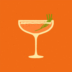 Margarita glass. Cocktail drink glass with tarragon. Bellini alcohol drink for weekend and party. Flat vector illustration with texture. Minimalist retro poster