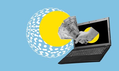 Creative collage of hand with money inside laptop
