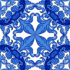 Majolica pattern. Sicilian hand drawn blue ornament. Traditional blue and white ceramic tiles. Portuguese traditional azulejo pattern. Moroccan style..