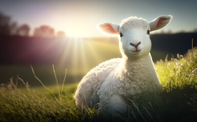 Easter, white young lamb laying down open field in the grass with the sun rising, early morning soft light. Holy Weekend. Image created with generative ai.