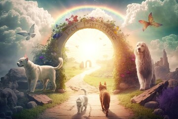 Dog and cat paradise where pets run and play in beautiful rainbow-colored fairy garden, ethereal clouds, and sunshine. After death, animals live with the belief that life continues on after.
