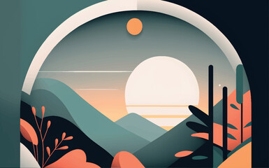 night landscape background with mountains and moon, vector illustration, minimalist style, flat design.