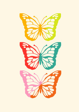 Retro rainbow colorful butterflies silhouette. Retro butterfly groovy poster. 