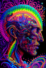Generative AI render of a psychedelic mockup human head