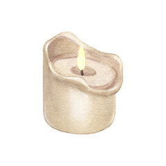 Watercolor modern scented candle made of soy and coconut wax. Hand-drawn illustration isolated on white background for aromatherapy, hygge home, meditation