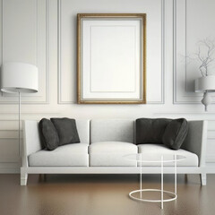 Modern interior with white sofa and empty fancy frame with ornate white walls