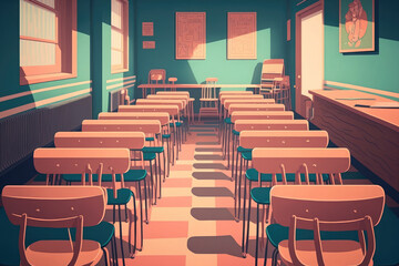 Empty classroom with a lot of chair with no student. Empty classroom with vintage tone wooden chairs. Back to school concept. Generative AI
