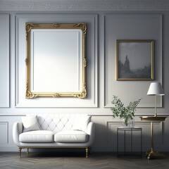 Design scene interior with a empty ornate frame over a white loveseat couch