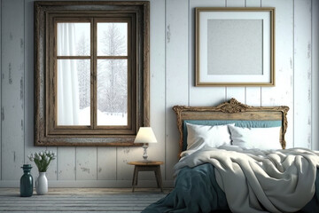 In the bedroom of a wood cabin in winter. An empty picture frame above the bed. Snow falls outside the window. (Fictional Location. No release necessary.)