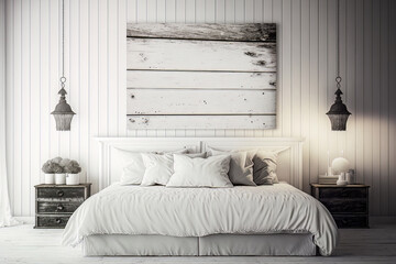 Bedroom décor with white minimalistic design, white walls, aged wood shiplap wall accents. Gray wood end tables. Hanging lantern lamps. (Fictional Location. No release necessary.)