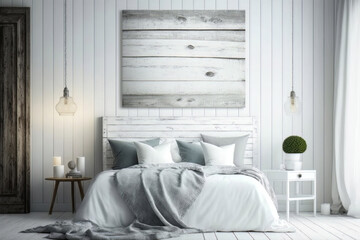 bedroom décor with white minimalistic design, white walls, aged wood shiplap wall accents, industrial hanging lights