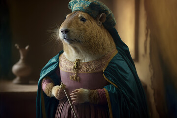 Created with Generative AI technology. portrait of a beaver in renaissance clothing - obrazy, fototapety, plakaty