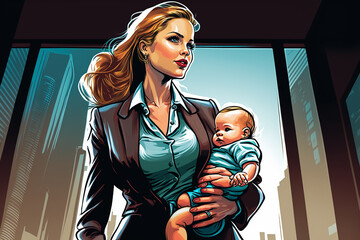 Successful Business Woman holding a baby. generative AI - obrazy, fototapety, plakaty