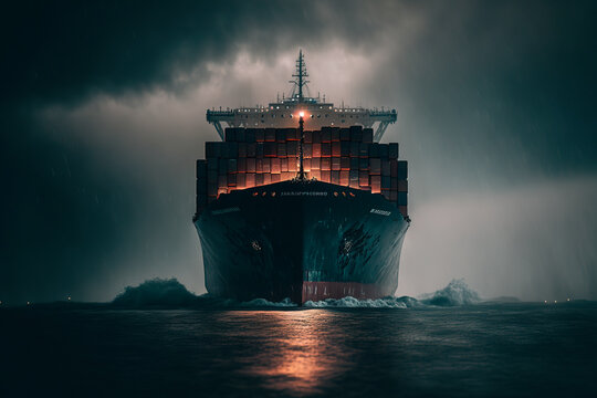 A loaded container cargo ship is seen in the front in stormy weather. Generative AI