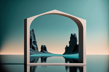 , a minimalist zen landscape, an abstract futuristic background with geometric forms, or a wallpaper featuring a panoramic seascape. a still lake, dark rocks, a chrome arch, a mirror, and a sky with a