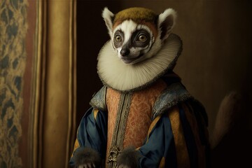 Created with Generative AI technology. portrait of a lemur in renaissance clothing - obrazy, fototapety, plakaty