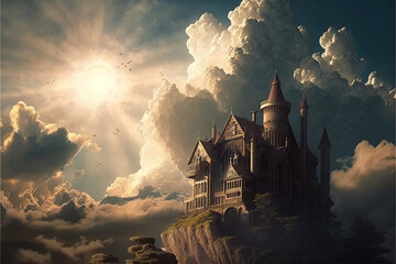 Beautiful historical medieval castle with amazing sun at sunset, clouds and warm glow. Ai generated