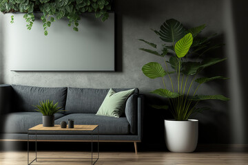 Cropped image with copy space of a modern living room interior with a comfortable sofa, a coffee table, and plants. Generative AI